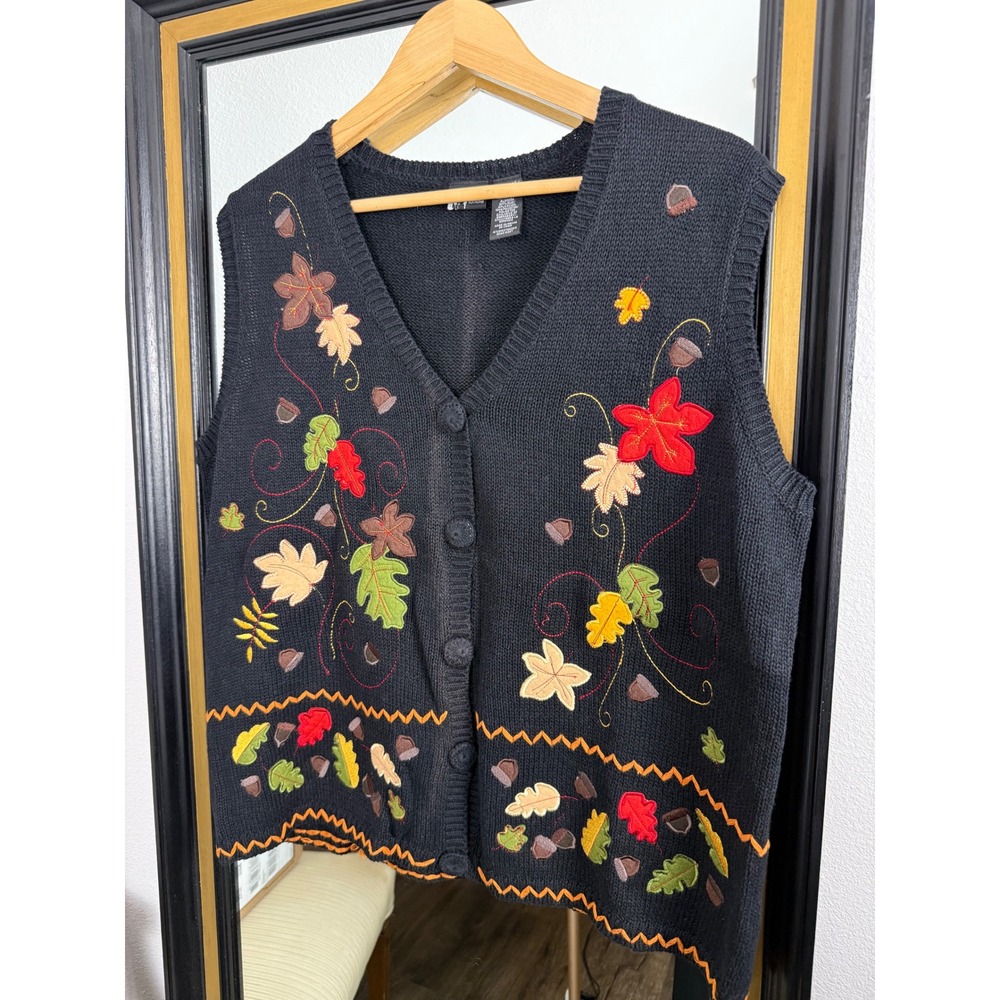 Holiday Editions Fall Embroidered Leaf Acorn Knit Sweater Vest Black XL Vintage